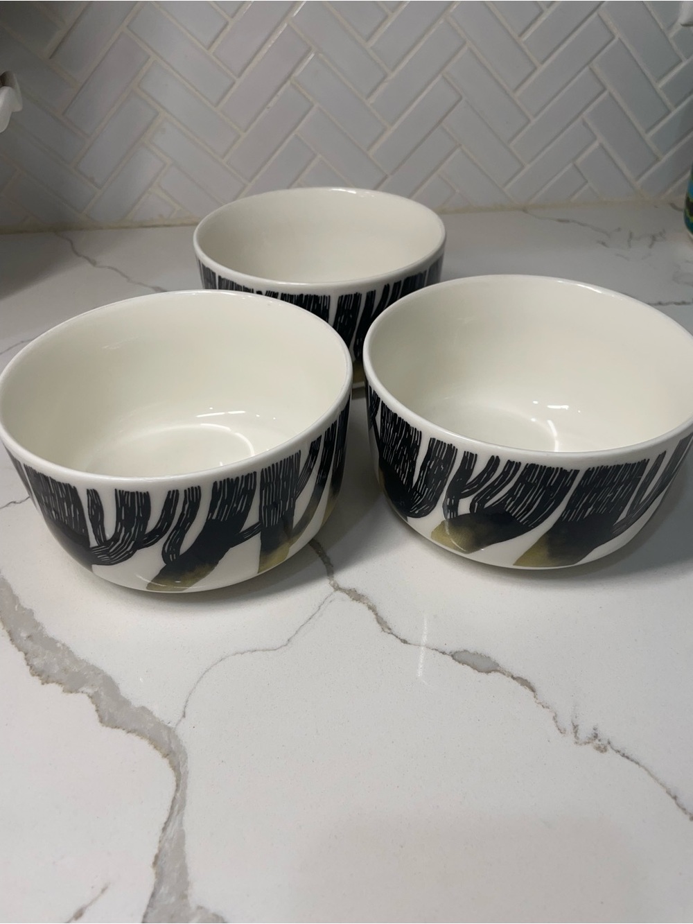 Marimekko Oiva Saapaivakirja 3pc Black and White Tree Motif 5in Ceramic Bowls - Picture 3 of 13